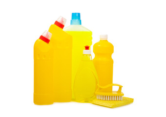 Bottles with various detergents isolated on a white background. Cleaning supplies.household cleaning tools and floor supplies.Cleaning agent for windows, toilets and plumbing fixtures.