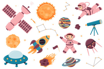 Naklejka premium A set of illustrations with cute astronauts, spacecraft, telescope, space station, satellite, rocket, constellations, moon, sun and planets in cartoon style.