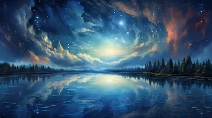 Fotobehang  a painting of a night sky with stars and clouds over a lake.  generative ai © Anna