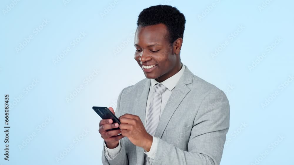 Poster phone, chat and happy business man in studio for social media, web or networking on blue background.