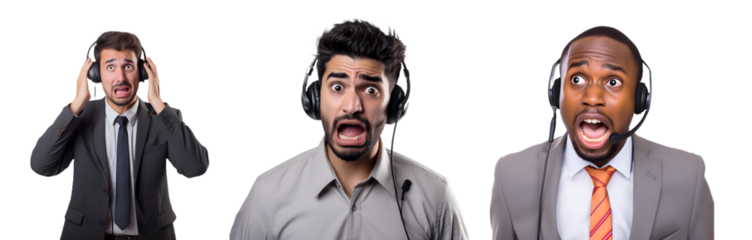 Call center male employee under stress, transparent png background, white background, Generative Ai