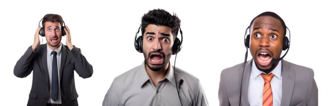 Call center male employee under stress, transparent png background, white background, Generative Ai