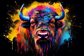 Whimsical Colorful bison splashes. Wild animal. Generate Ai