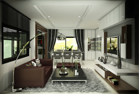 3d render illustratio All decorations on the first floor have a seating area for watching movies and listening to music. Dining table
