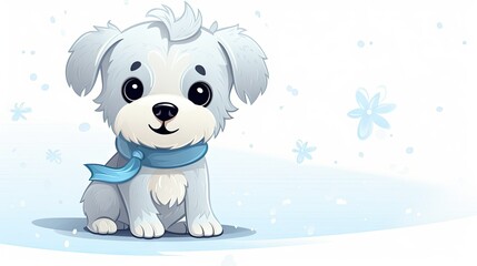  a small dog with a blue scarf around its neck sitting on a snow covered ground.  generative ai