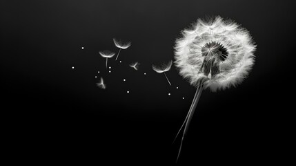 a dandelion blowing in the wind on a black background.  generative ai