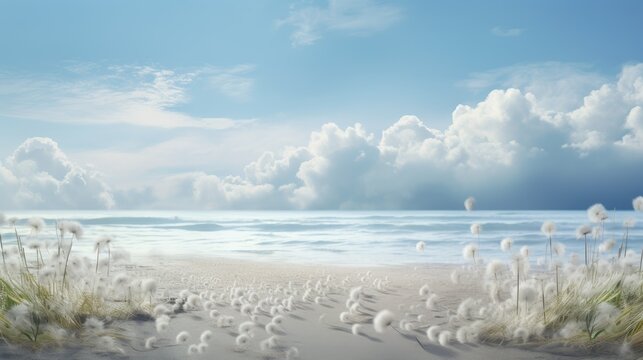  a painting of a beach with sea oats and clouds.  generative ai