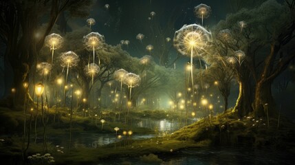 Obraz na płótnie Canvas a painting of dandelions floating in the night sky. generative ai