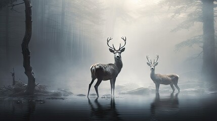  two deer standing in the middle of a forest in the fog.  generative ai