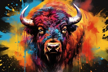 Picturesque Colorful bison splashes. Wild animal. Generate Ai