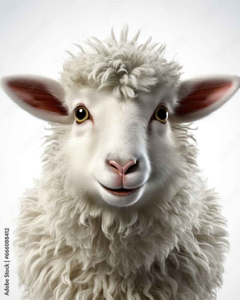 Poster a close up of a sheep's face with a white background. generative ai