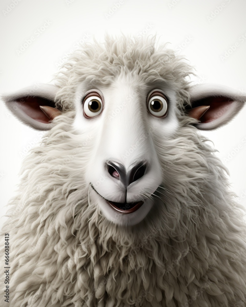 Poster a close up of a sheep with a surprised look on its face. generative ai
