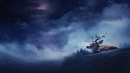 Obraz na płótnie Canvas a painting of a deer laying down on a hill under a night sky. generative ai