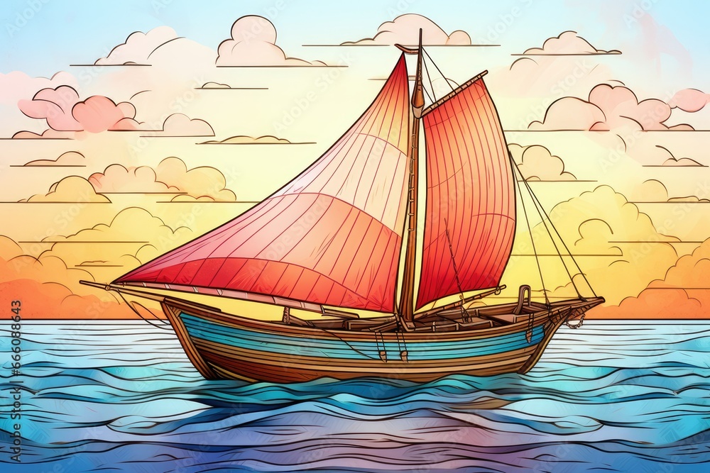 Poster a sailboat floating in the ocean with a sunset in the background. generative ai