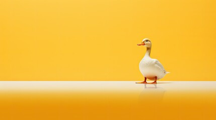  a white duck standing on top of a yellow floor next to a yellow wall.  generative ai