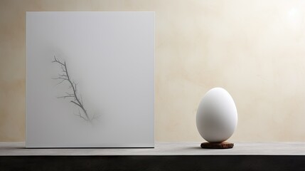  a white egg sitting next to a white vase on a table.  generative ai