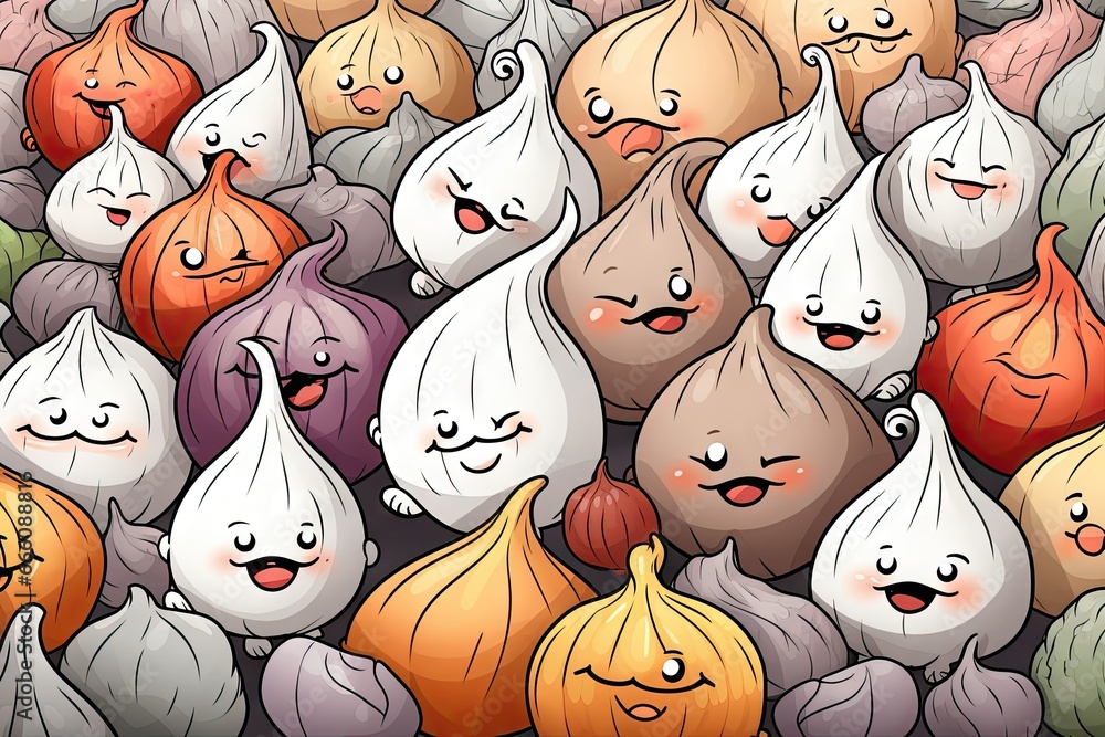 Poster a group of onions with faces drawn in the middle of them. generative ai