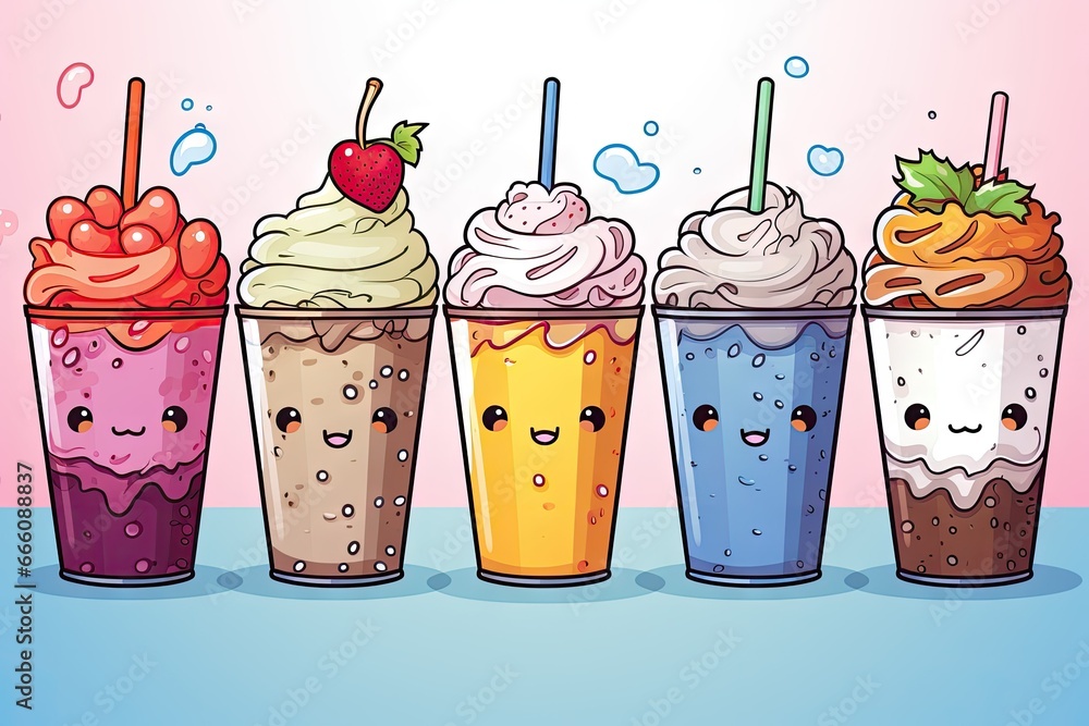 Poster a row of different kinds of ice cream in different colors. generative ai