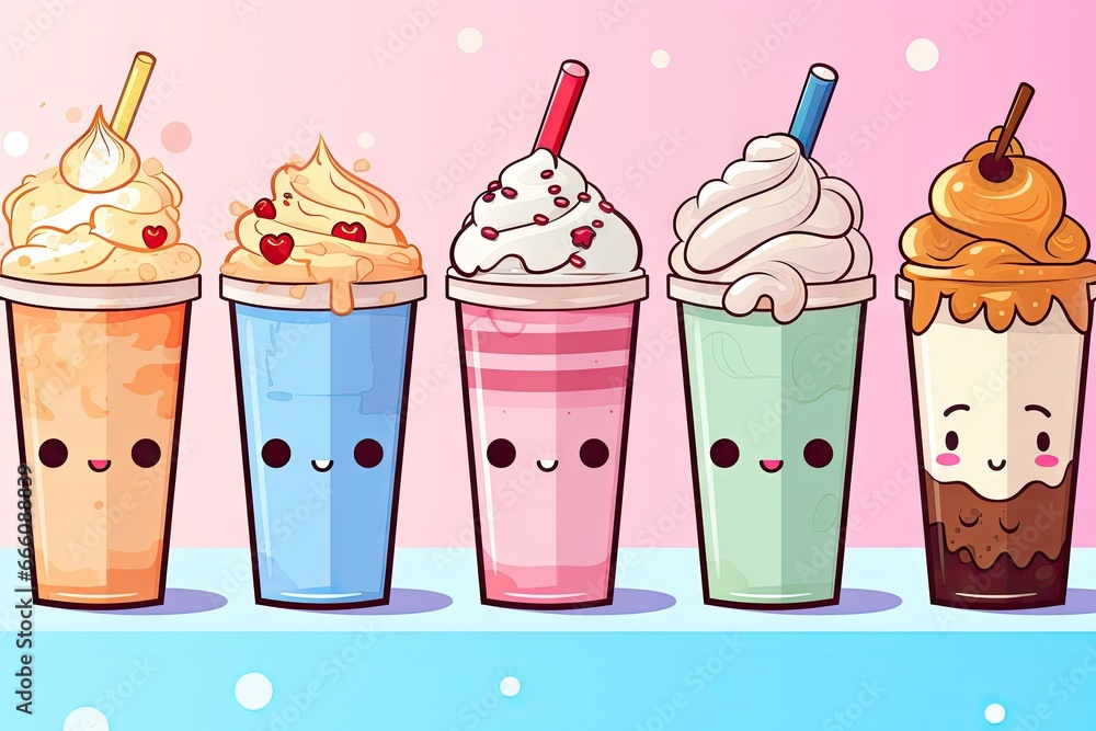 Poster a row of different colored cups with ice cream and toppings. generative ai
