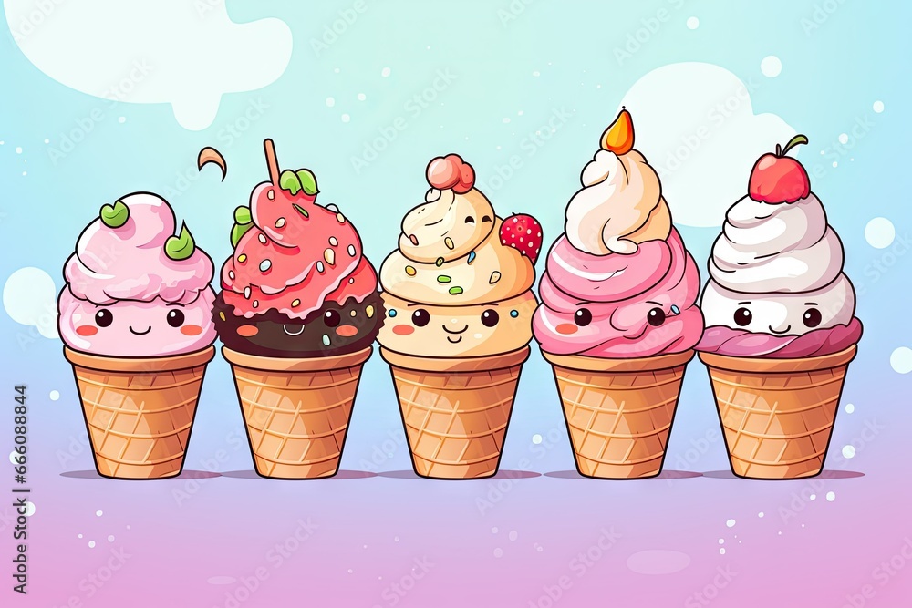 Poster a row of ice cream cones with different toppings on them. generative ai