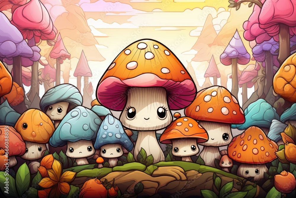 Poster a group of mushrooms in a forest with a sunset in the background. generative ai