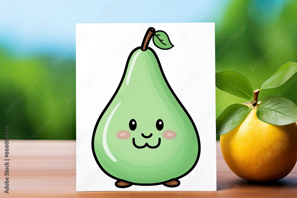 Poster a card with a picture of a pear and a leaf. generative ai