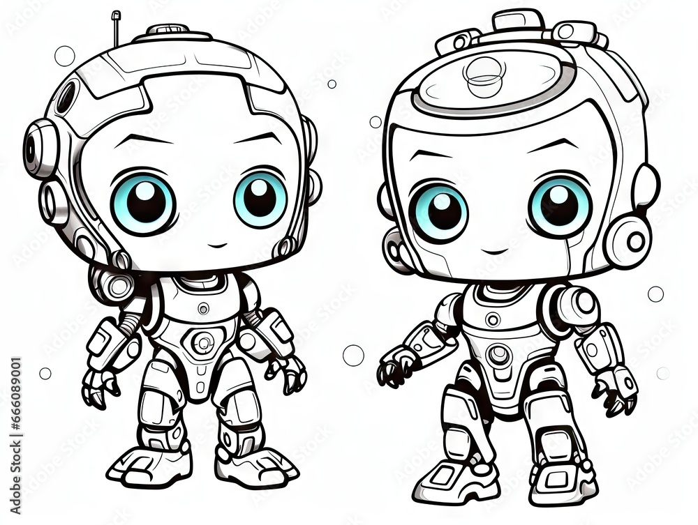 Poster a drawing of a robot and a robot with blue eyes. generative ai