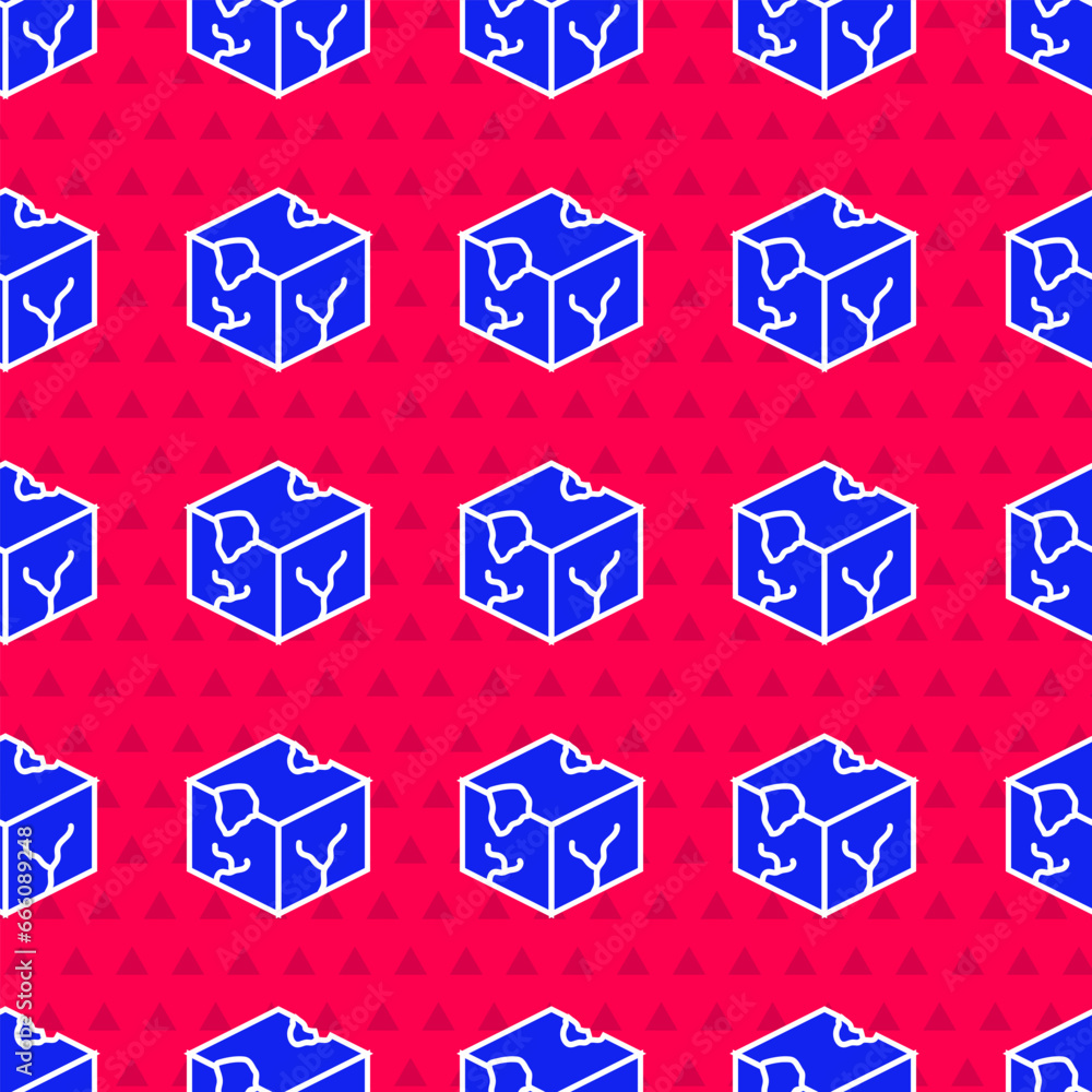 Poster blue isometric cube icon isolated seamless pattern on red background. geometric cubes solid icon. 3d
