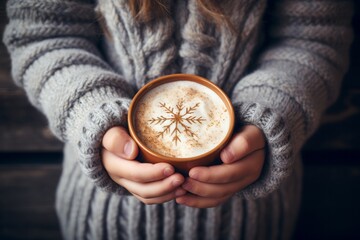Close-up of female hands holding a cup of cinnamon-flavored cappuccino. The woman is wearing a gray sweater.