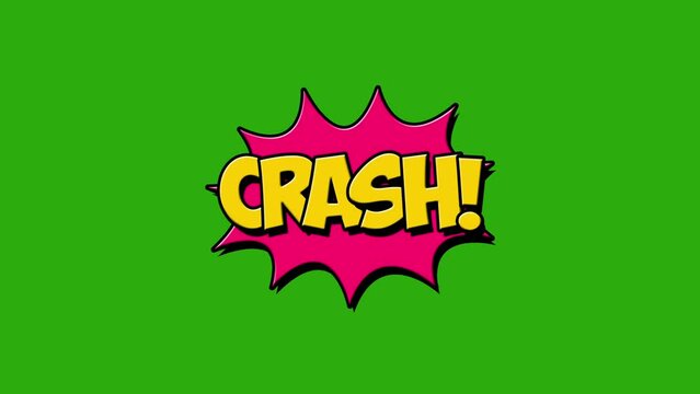 crash word animation Comics speech bubbles with moving text. Motion graphic. pop art animation on green background.
