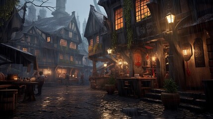 gloomy fantasy tavern in a city in a rainstorm.Generative AI