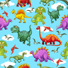 Seamless pattern, with cute dinosaurs, for textile design. Hand drawn illustration for texture, wallpaper print, wrapping paper, vector.