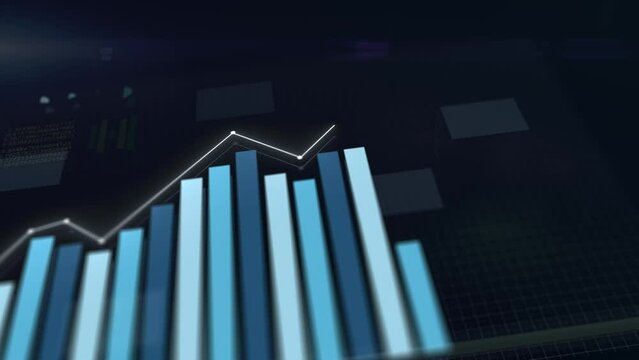 3D animation of growing histogram. Hi tech charts with grid. Digital display with stock market charts. Camera movement with depth of field. 4K high quality animation