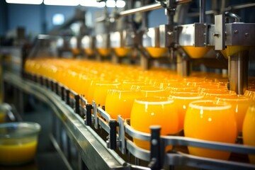 Drink preparation process in juice factory. Keywords: preparation, drink, factory, juice, production line. Generative AI