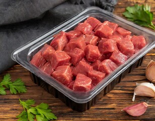 Diced meat in plastic packacge