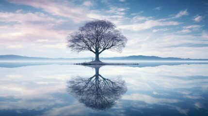  a lone tree stands in the middle of a lake with a mountain in the background.  generative ai