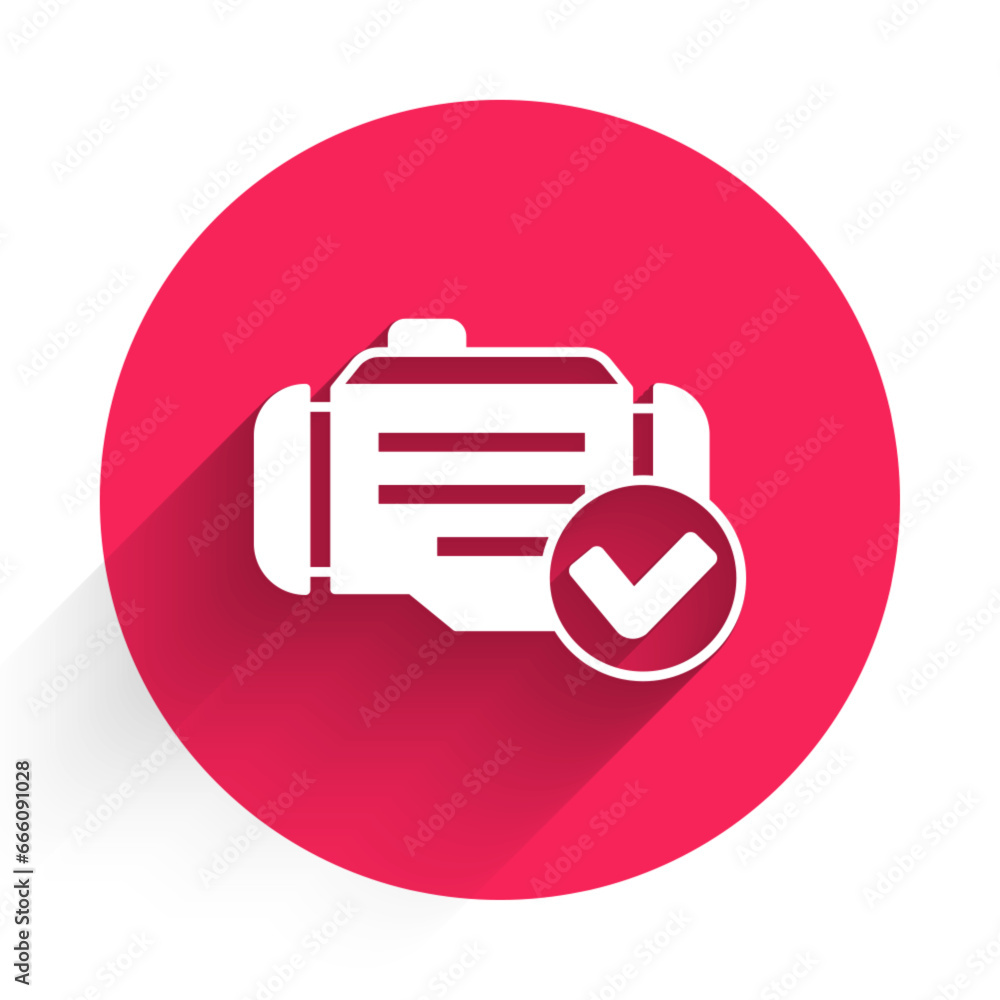 Poster white check engine icon isolated with long shadow background. red circle button. vector