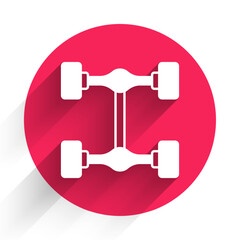 White Chassis car icon isolated with long shadow background. Red circle button. Vector