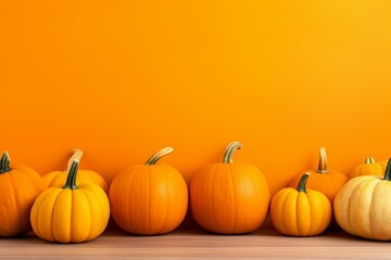 Colorful pumpkins on wooden table with orange background. Festive banner design for harvest or Thanksgiving day. Generative AI - obrazy, fototapety, plakaty
