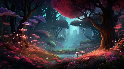  a painting of a forest with flowers and trees in the background.  generative ai