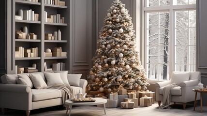 Beautifully furnished living area with a Christmas tree. joyous interior. superior quality image..