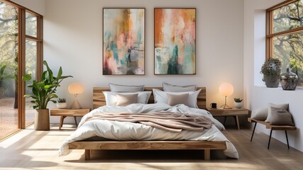 interior design for homes, bedroom decor. Bohemian Mid-Century Modern design featuring a brass and wood-decorated gallery wall. .