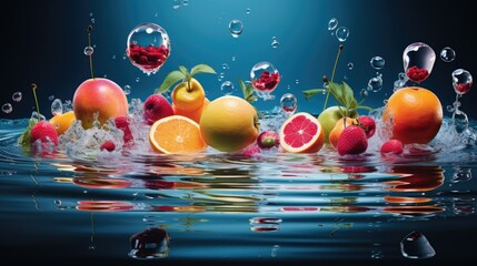  a group of fruit floating on top of a body of water.  generative ai