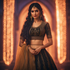 A female wear Dream Lehenga Dress with bg ai generated