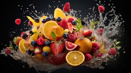  a bunch of fruit is splashing out of water on a black background.  generative ai