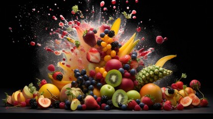  a pile of fruit with splash of water on top of it.  generative ai