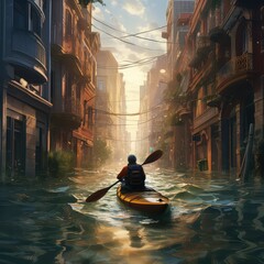 Urban Explorer: Illustration of a Man Kayaking Through Flooded City