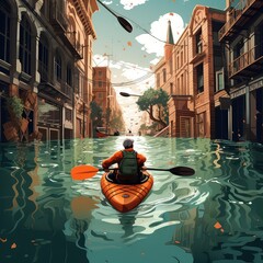 Urban Adventure: Man Kayaking Down Flooded City - Illustration