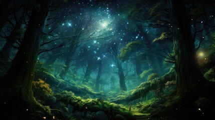  a painting of a dark forest with stars in the sky.  generative ai