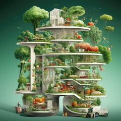 Title: Vertical Bounty: Illustration of Vertical Farming with Fruits and Veggies

